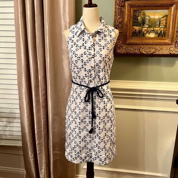 EUC Women's Vineyard Vines White Navy Blue Print Shirt Style dress Size 0 - Picture 1 of 9